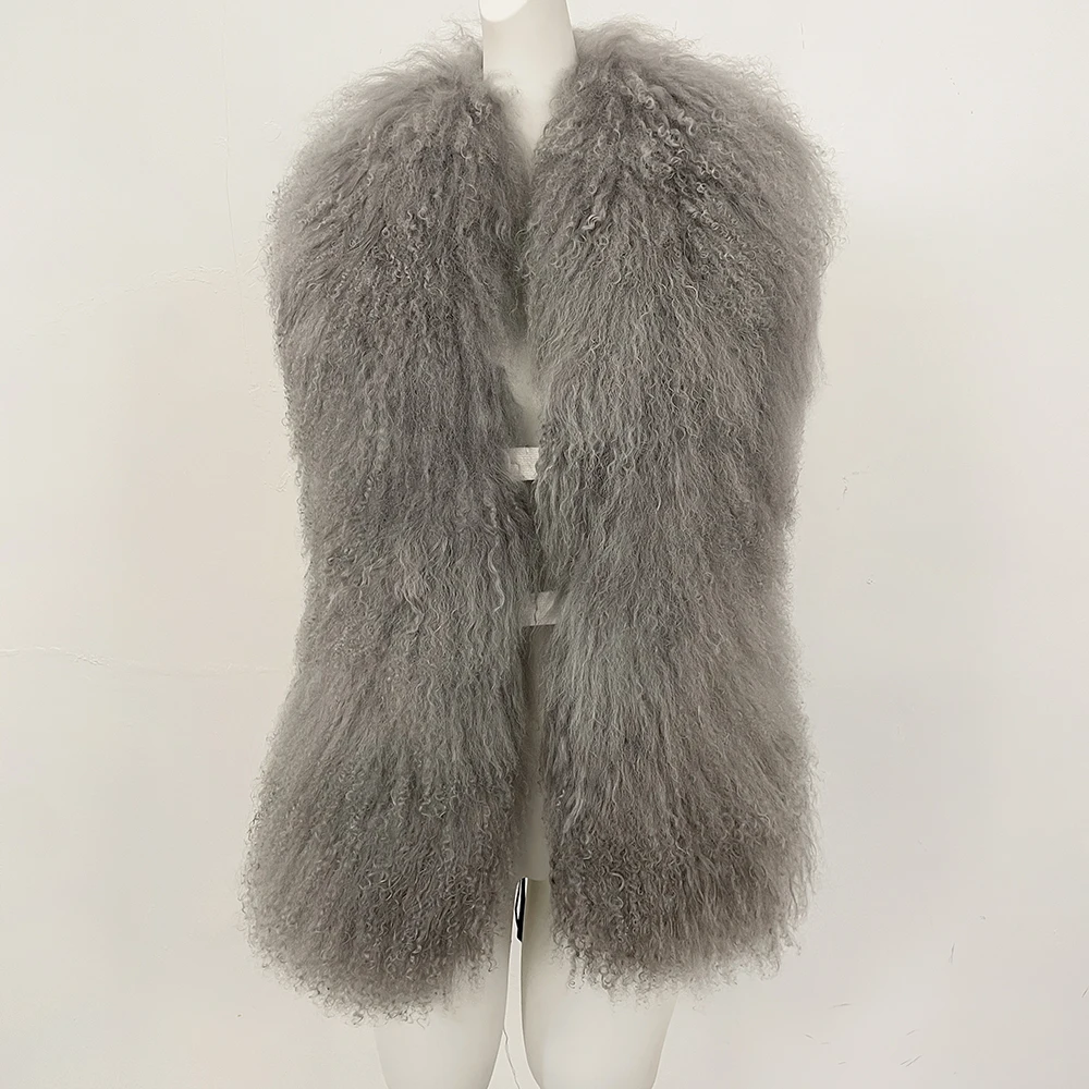 المرأة معطف الفرو المنغولي الحقيقي بلا أكمام الفاخرة الفراء رقيق شال سترات ملابس خارجية عباءة نمط شيك الإناث الواقع سترات من الفرو #2