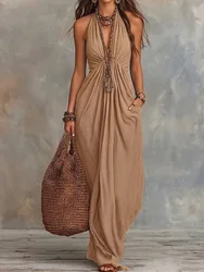 Spring Summer Elegant Sleeveless Beach Dress Casual 2026 Women Holiday Loose Shirt Dress Female V Neck Maxi Streetwear Dresses