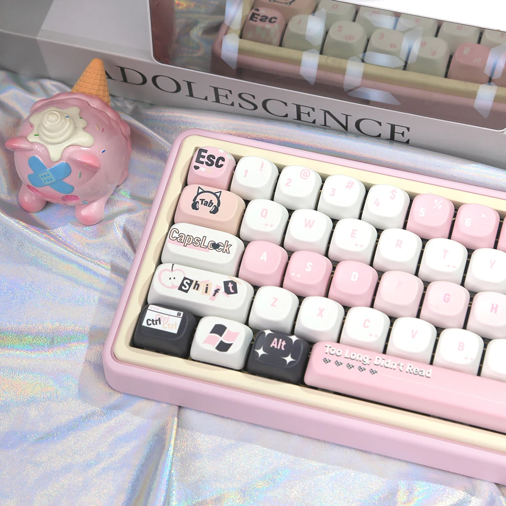 

Комплект кейкапов MOA Cute Personality, 5-сторонняя сублимация, мультяшные PBT-кейкапы для механической клавиатуры, розово-черные, 129 круглых клавиш