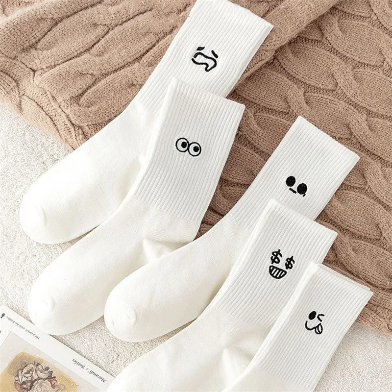 3/ 5 Pairs Women\'s Cartoon Socks Autumn Girls Cute Funny Expression Pattern Mid Tube Kawaii Casual Breathabl White Female Socks