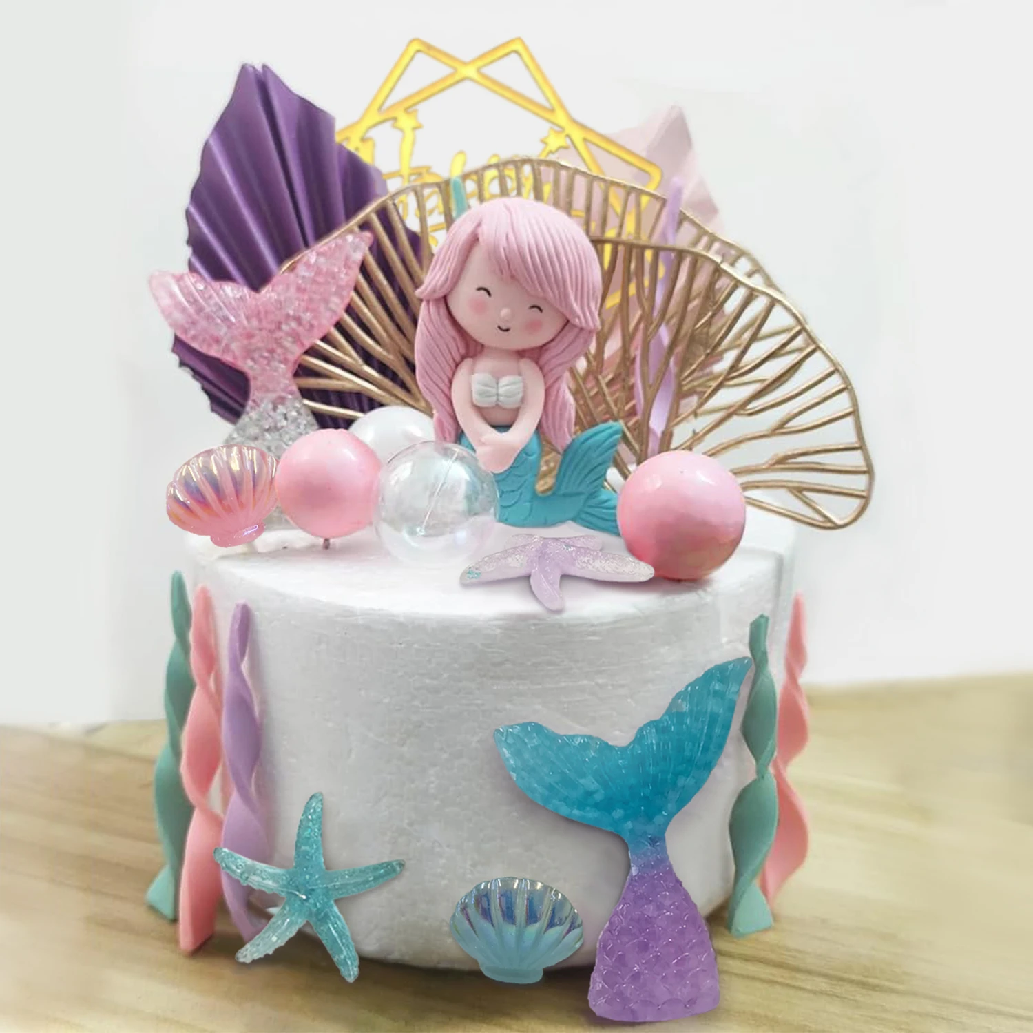 Topper per torta a forma di sirena sotto il mare Set di toppers per torta con foglie dorate a bolle di alghe della sirenetta per il compleanno della sirena