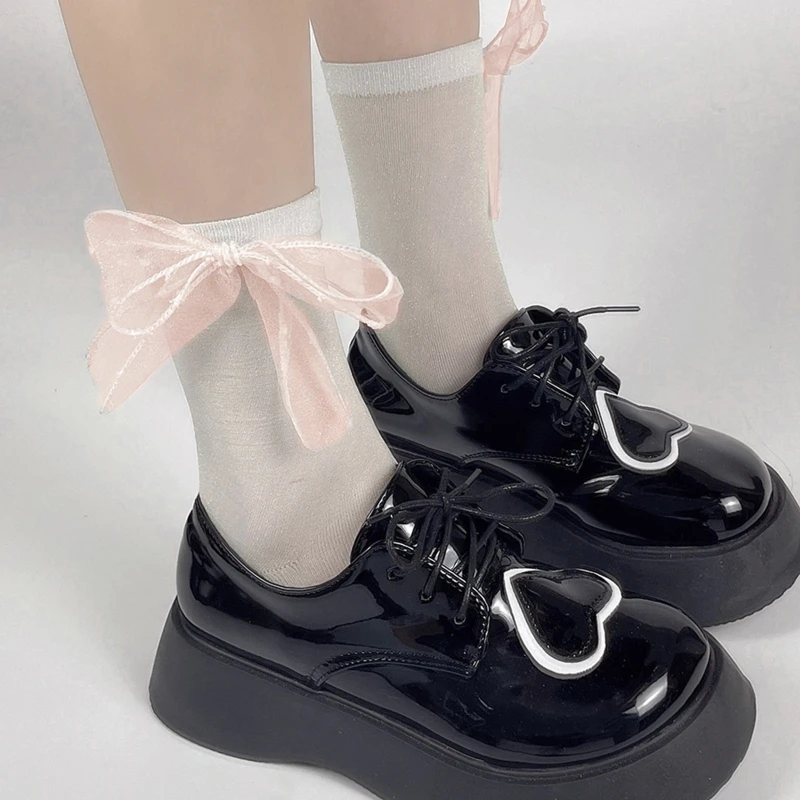 Women Glitter Metallic Mesh Ankle Socks Japanese Sweet Detachable Polka Dot Plaid Bowknot Thin Hosiery