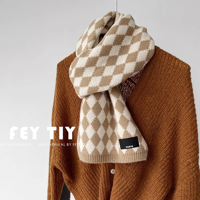 Fashion Classic Diamond Checks Knit Scarf Women Male Students Winter Neckerchief Warm Shawl