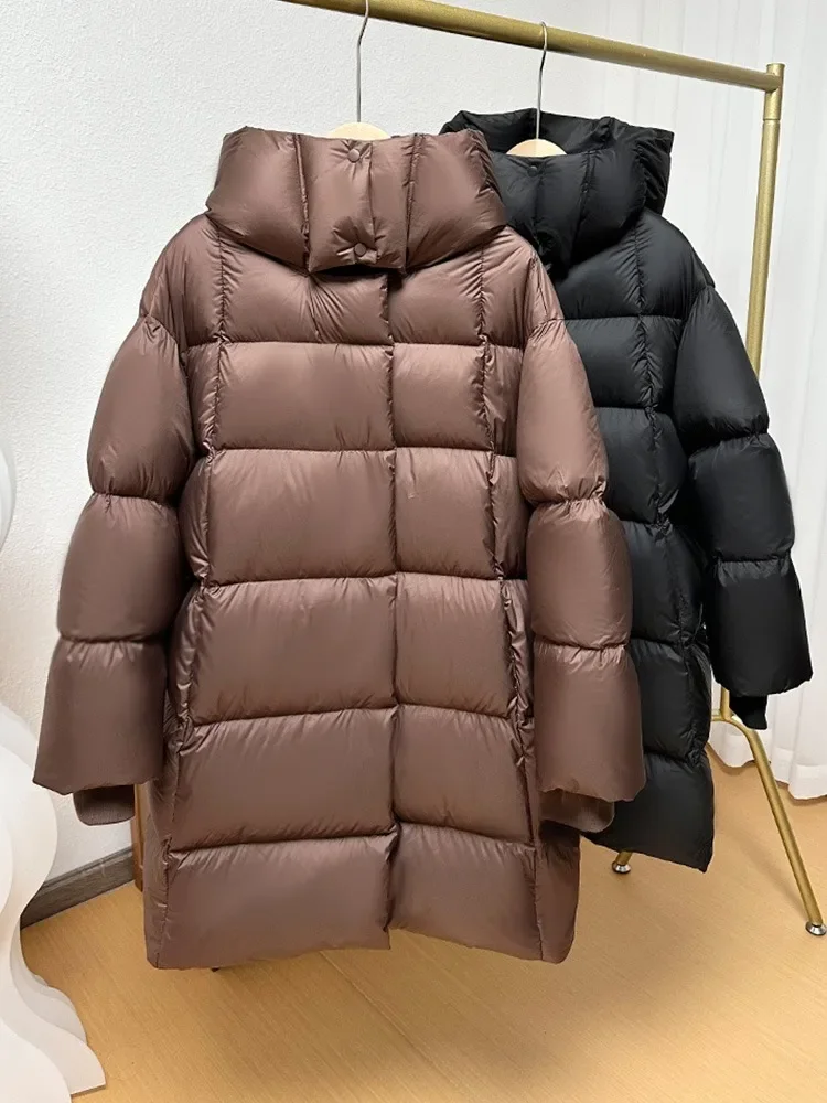 2024 nuova felpa con cappuccio invernale piumino d'anatra bianco donna addensato caldo soffice tinta unita piumino lungo oversize