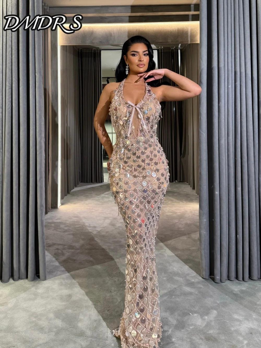 

Charming Halter Evening Dress Sexy Spaghetti Strap Beaded Party Gown Elegant Mermaid Floor Length Party Dresses فساتين سهرة