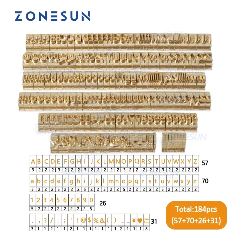 ZONESUN Custom Logo Brass Alphabet Letter Stamps 184Pcs/Set Hot Foil Stamping Machine Number Symbols 10cm T slot Letter Stamp