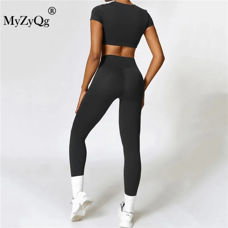 MyZyQg-Ensemble de yoga pour femmes, T-shirt serré à manches courtes, pantalon d'extérieur, sport de loisirs, course à pied Pilate, fitness, legging imbibé