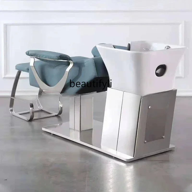 Barber Shop Hair-Washing Chair Stainless Steel Lying Half Ceramic Basin for Hair Washing Station Hair Care Bed