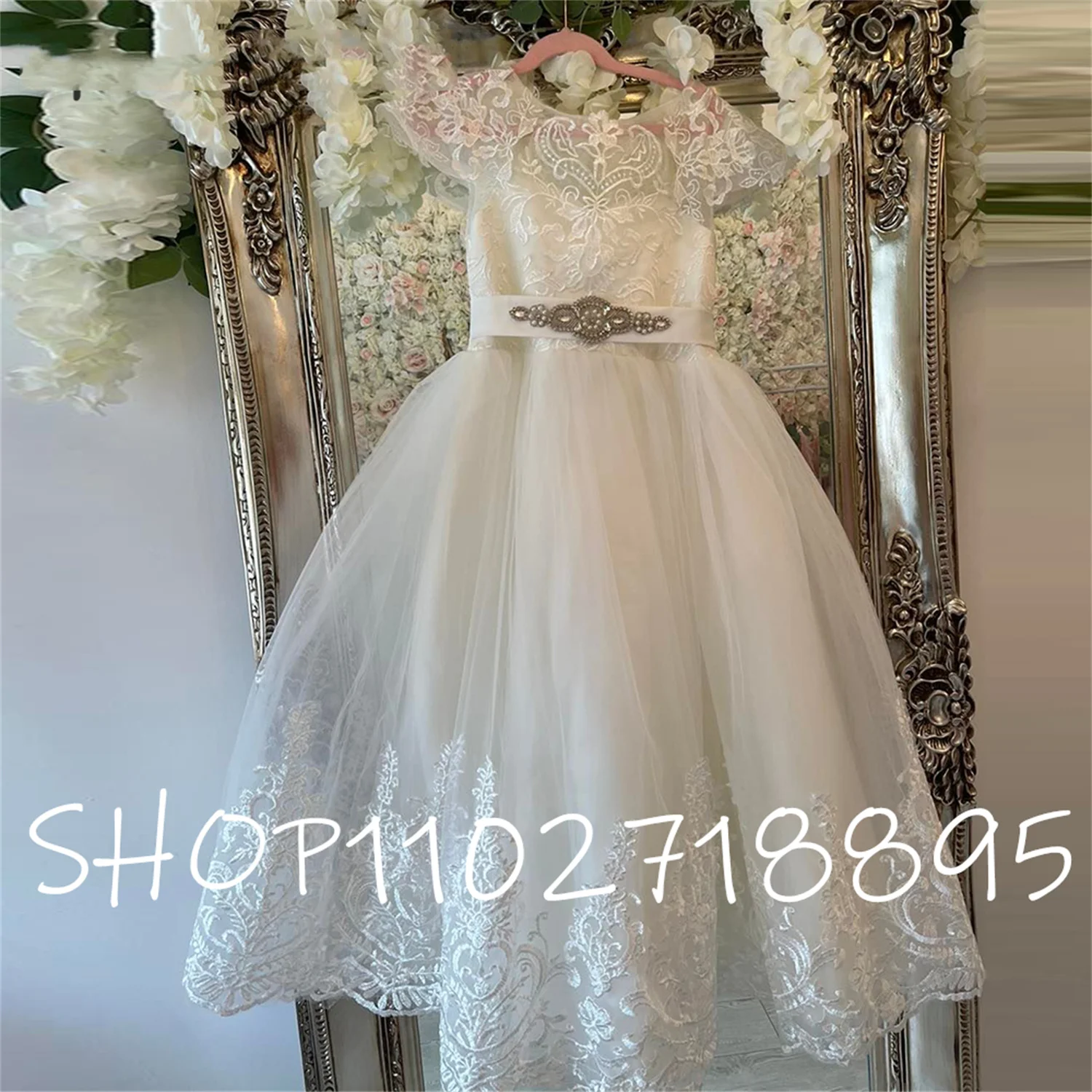 Ivory Lace Flower GIrl Dresses Tulle Puffy Princess Dress Gril Satin Bow Net First Communion Dresses Little Girl Birthday Dress