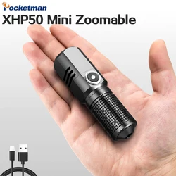 Minilinterna LED potente XHP50, lámpara recargable por USB C, de aleación de aluminio, con zoom, de bolsillo, 3 modos, batería 18650