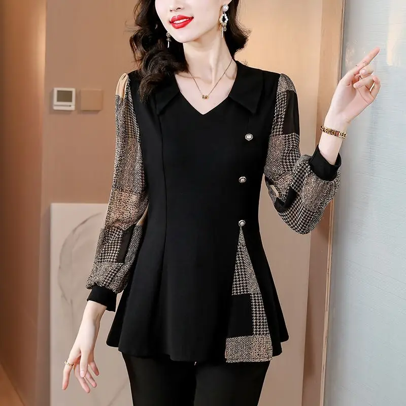 Large Size Women\'s Autumn Top with Long Sleeves and Base New Style Slimming Flesh Blocking and Western-style Chiffon Shirt