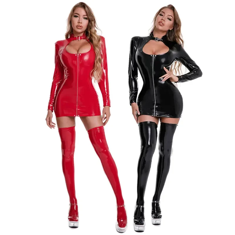 Women Shiny Long Sleeve Leather Dress Erotic Zipper Open Crotch Latex Sheath Bag Hip Skirt Sexy Bottom Porn Breast Exposing