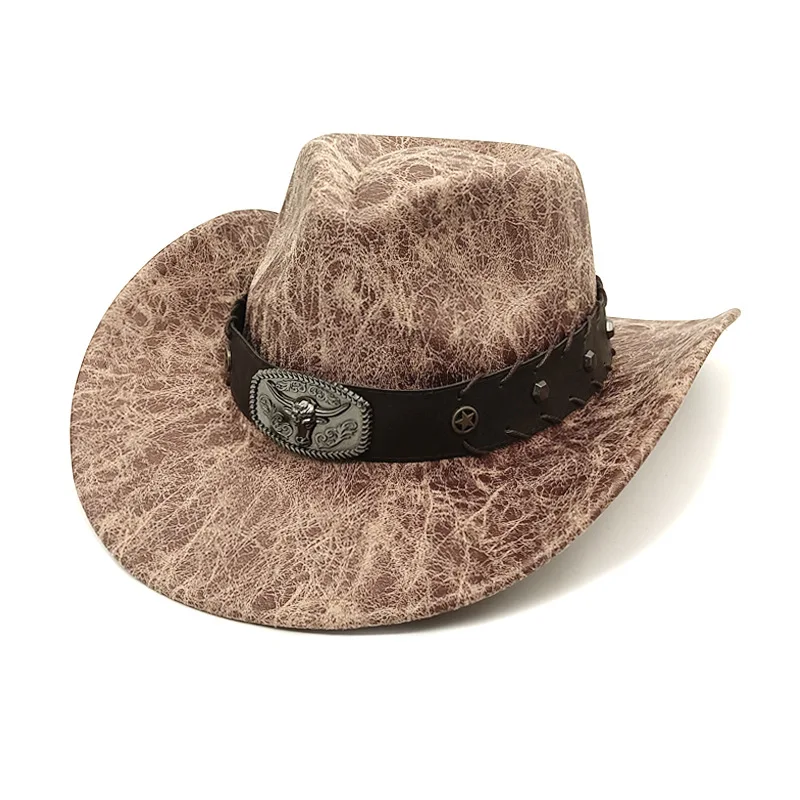 American Style Hood Gift Western Cowboy Hat Vintage Imitation Leather Crack Felt Hat Tibetan Style Men and Women Hat