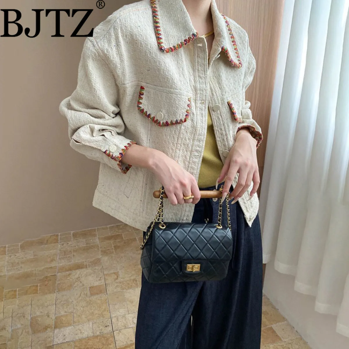 

Женское пальто BJTZ 2026 весна-осень с граффити-вышивкой – свободный крой, отложной воротник, повседневный художественный дизайн, верхняя одежда