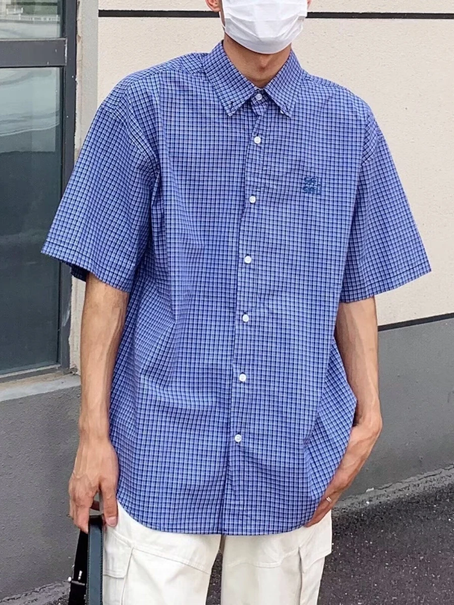 

Summer American Retro Loose Couple Plaid ort Sve Casual irt Men Women Qui Dry Embroidered irt Jaet ex