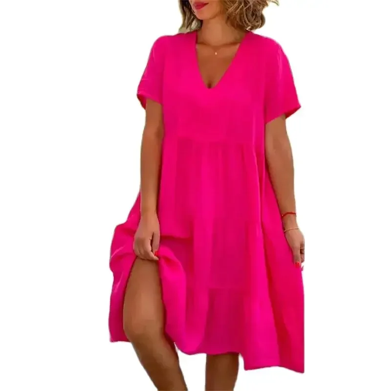 

Women Sweet Style Solid Color Dresses Casual Deep V Neck Pullover Loose Waist Dress Female Multi-layered Patchwork Hem Cake Gown