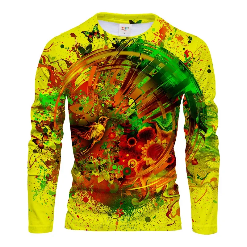 Camiseta de manga larga para hombre, de poliéster, con estampado 3D de colibríes, mariposas y motivos florales, diseño gráfico, cuello redondo, colorida, de estilo informal y urbano.