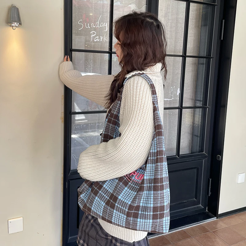 ELFSACK Y2K coréen Plaid lettre broderie grande capacité sac fourre-tout pour les femmes