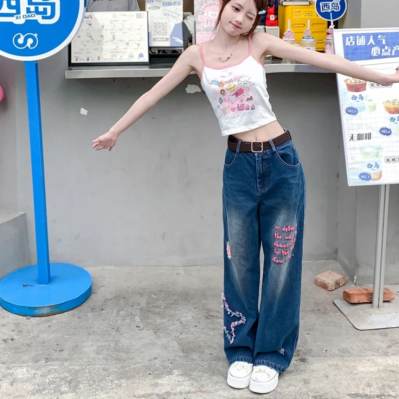 2024 New Casual Embroidery Retro Blue High Waist Skinny Wide Leg Jeans For Women