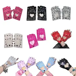 Punk Style Rivet Studded Half Finger Gloves for Women PULeather Performances Gloves for Dance Motorcycle Riding Gloves