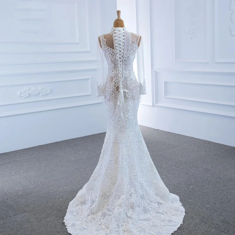 67195 Elegant Transparent Lace Long Sleeve Bridal See Though Wedding Gown 2022 Backless Lace Up Lace Applique Fishtail Dress