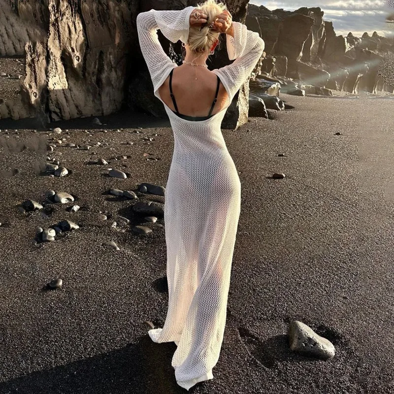 

Talenza Summer Backless Maxi Dress Women Fashion Hollow See-through Beach Vacation Dress Sexy Solid Casual Female Dress Vestidos