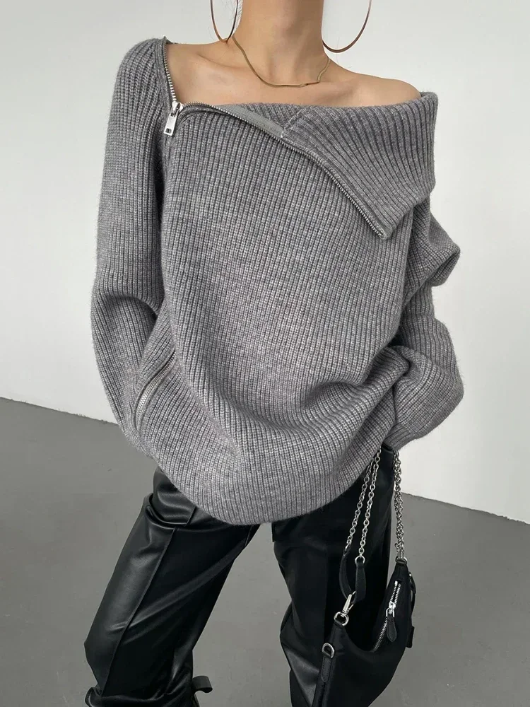 Double Zipper Grey Turtlenecks Loose Fit Casual Long Thickening Winter Sweater Woman Fashion Oversize Retro White Pullover Women