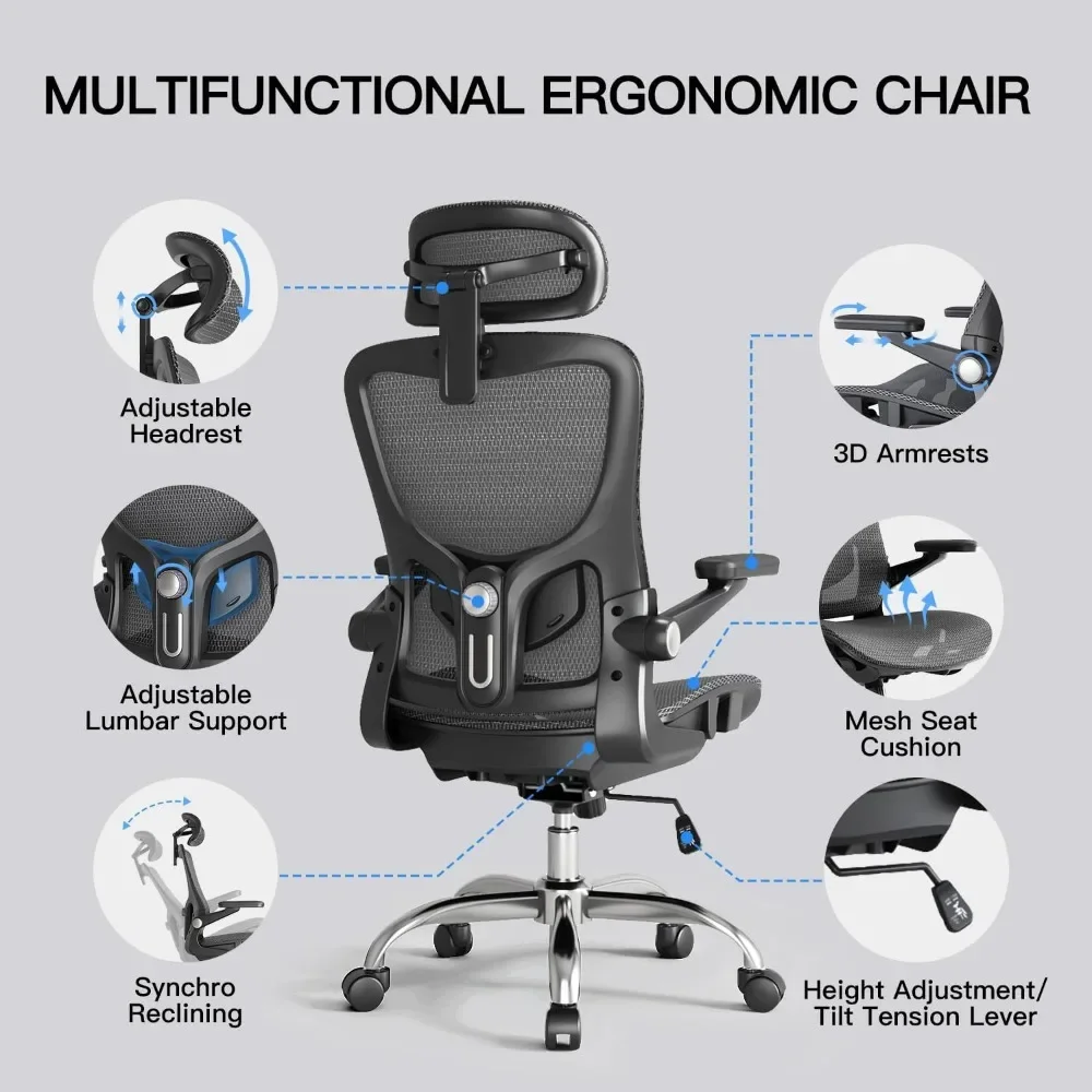 Office chair, ergonomic, mesh office chair with swing function, with 3D headrest and 3D armrests and adjustable lumbar support