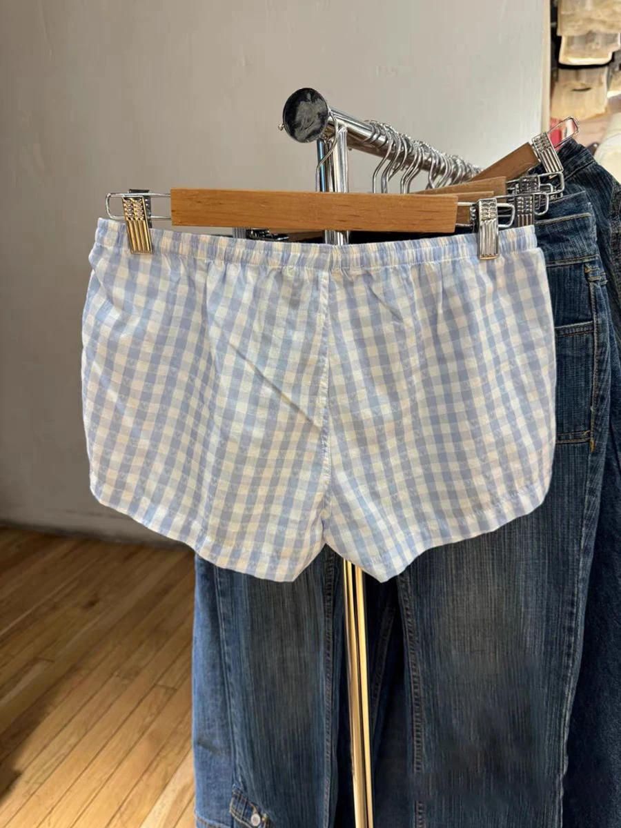 Short droit à carreaux coeur bleu pour femme, taille élastique, pantalon court doux décontracté, pantalon en coton Y2K, sous-vêtement vintage pour la maison, été