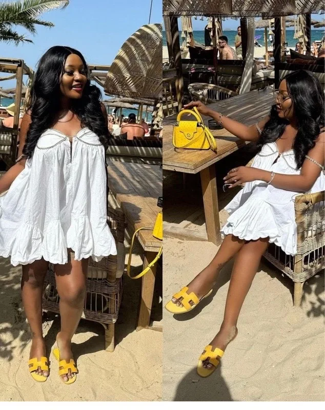 

SKMY New French Style Chain Strapless Low Cut Loose Spaghetti Strap Dress Big Swing Dress Clothes For Women Party Clubwear