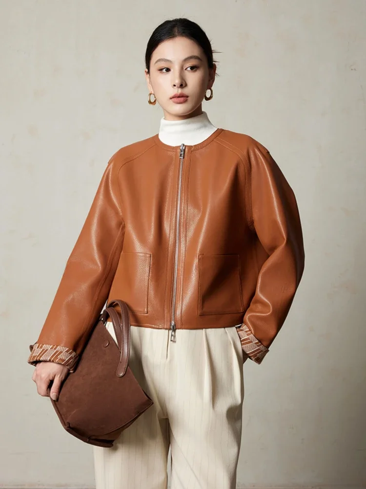 

Classic O-neck Genuine Leather Jackets Women Autumn Winter High-end Simple Short Reversible Knitted Cashmere Real Goatskin Coat