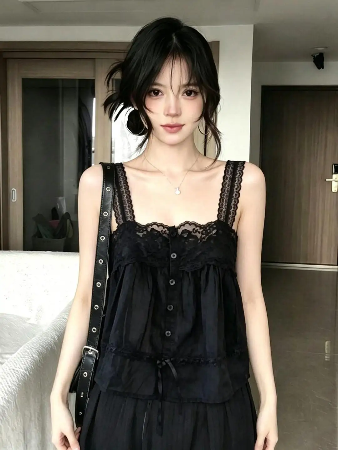 Pure Desire Splice Lace Trim Strap Vest Women Summer Loose Single Button Tie Sleeveless Shoulder Bared Top Breathable Outerwear