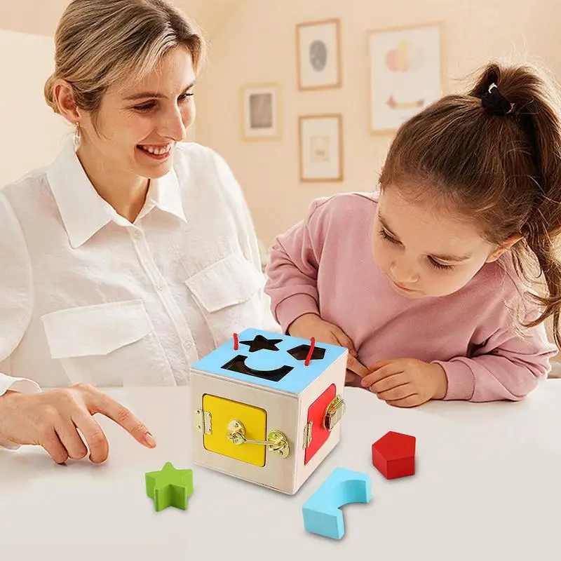 Münz ernte Kleinkind lernen geometrische Block Spielzeug Holz schloss Box Spielzeug Form Sortierer Objekt Box Kind Mädchen Junge Bildungs bedarf