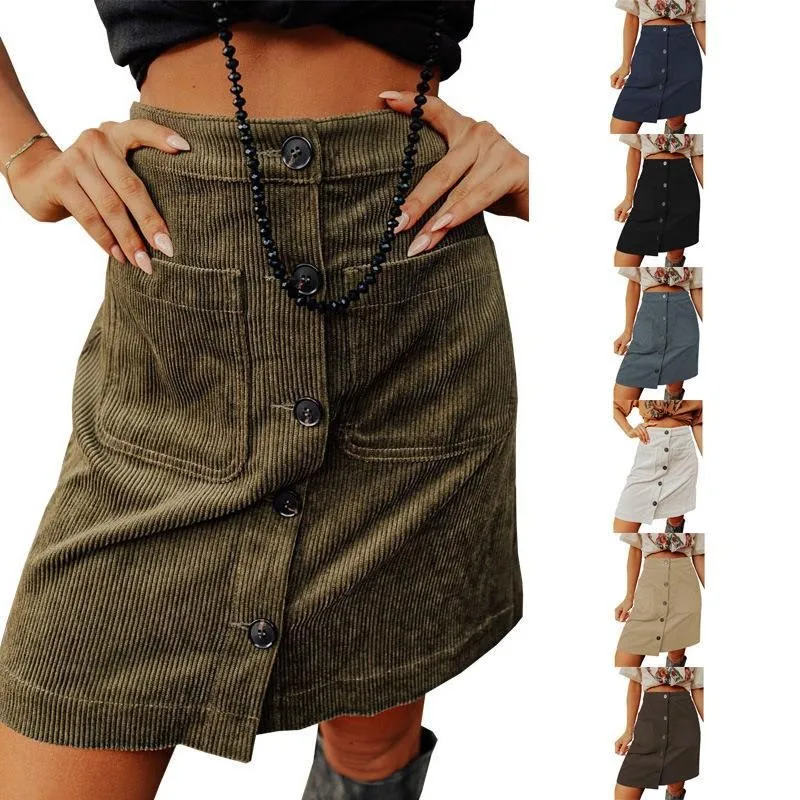 Women Black High Waist Corduroy Distressed Mini Skirt Button Front Wrap Pencil Skirt with Pockets Olive Green Navy Blue Beige