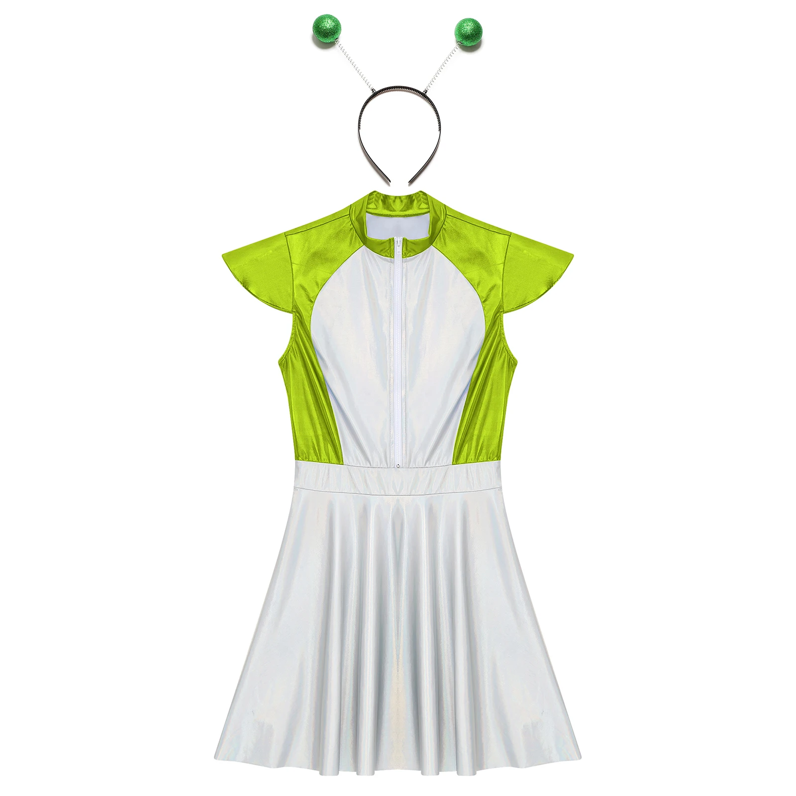 Costume de cosplay extraterrestre pour femme, robe scintillante avec mancherons, cerceau à cheveux, cosplay de l'espace extra-atmosphérique, robe de carnaval, habillage d'Halloween