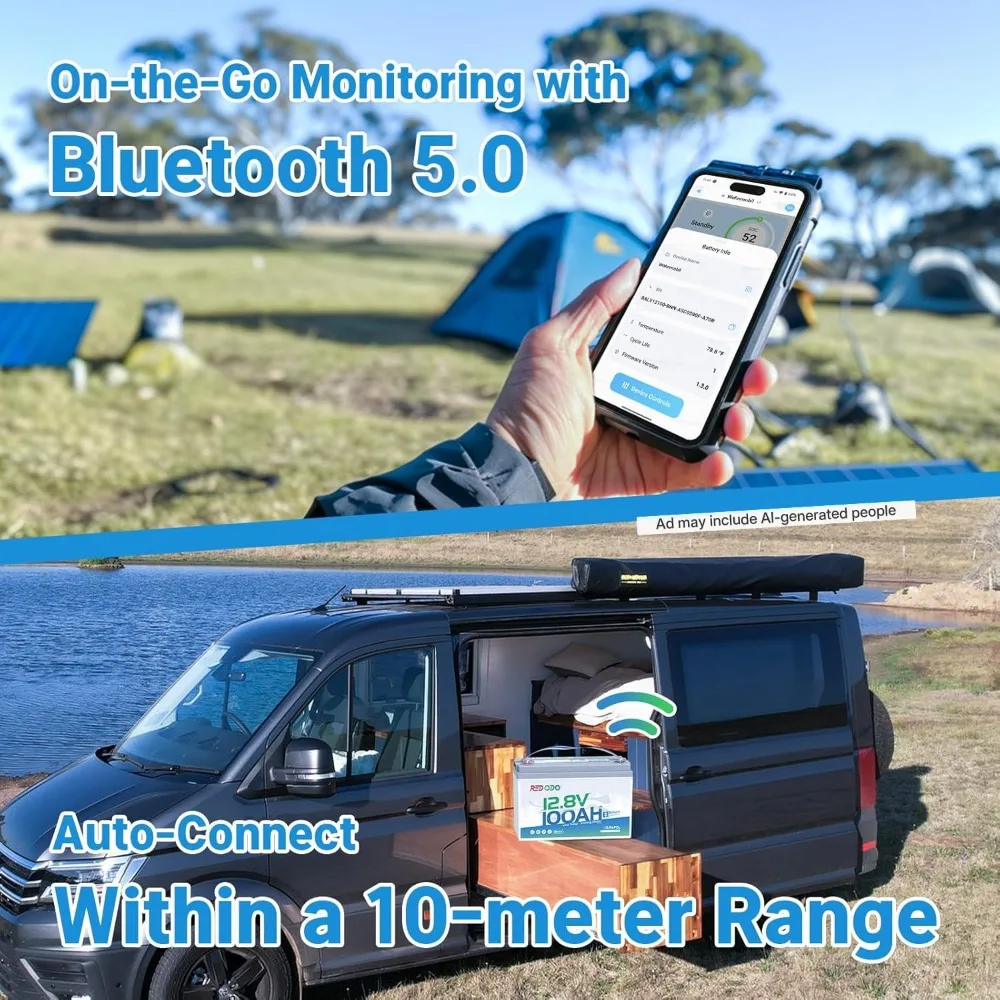 12V 100Ah LiFePO4 Battery, Group 31, Bluetooth, 100A BMS, 15000 Cycles, IP65 Waterproof, Low-Temp Protection, Customized