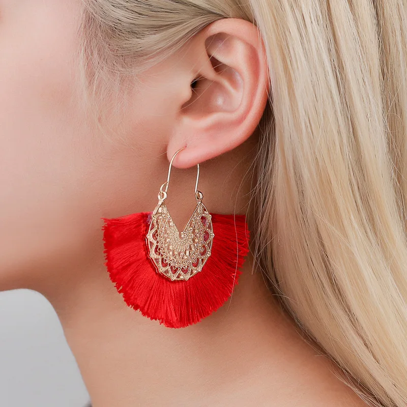 Tassel Lace Fan Retro Pattern Red Alloy Blue Khaki Black Grey White Yellow Dangle Earrings & Drop Earrings for Women Jewelry