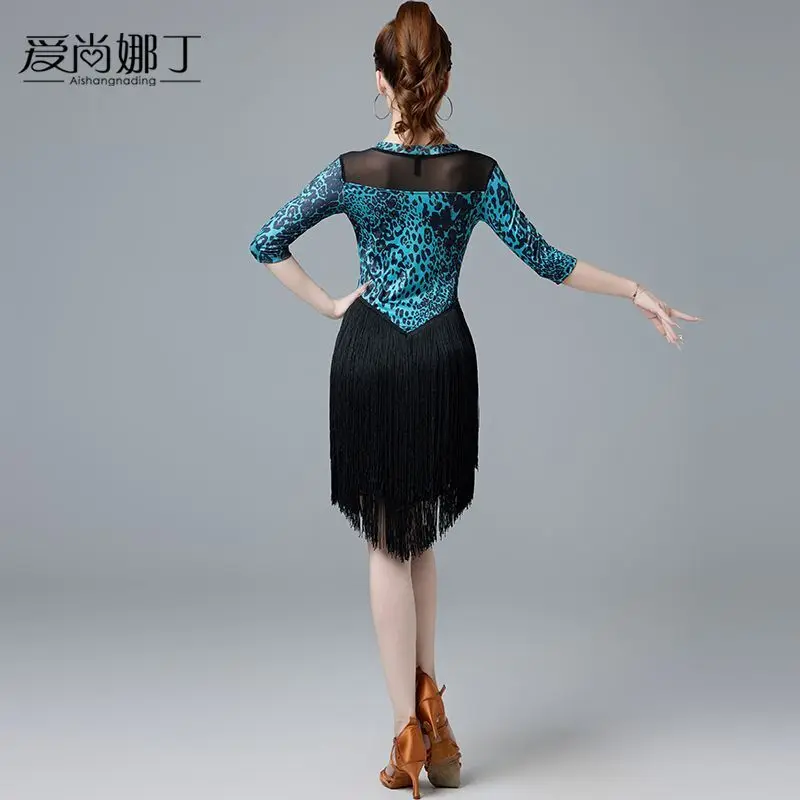 Latin Dance Skirt New Professional Practice Dress Competition Performance costume Set Leopard Pattern Mid Sleeve Tassel Dress