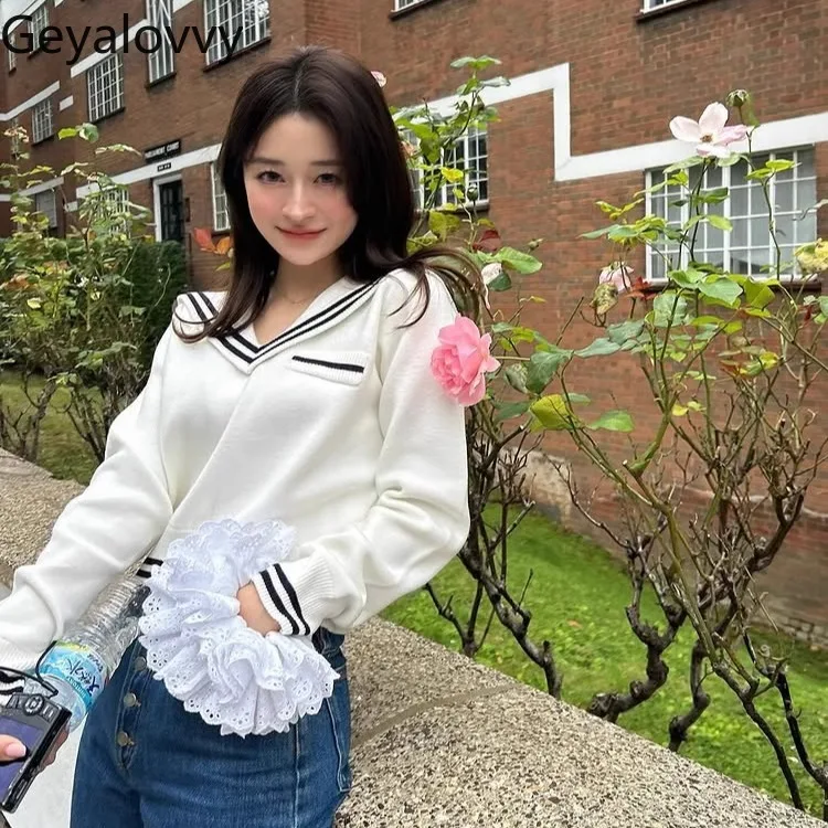 Japanese Sweet Navy Collar College Style Color Matching Pullover Outer Wear Long-sleeved Women's Versatile White Knitted Sweater