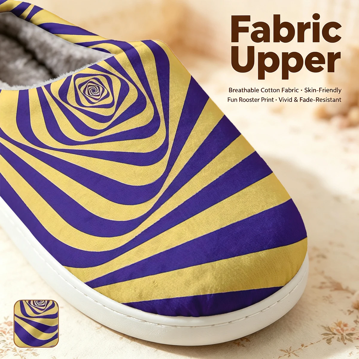 Purple-Yellow Spiral Christmas White Slippers Warm Plush Indoor Shoes Non-Slip Winter Slippers Family Holiday Gifts Soft view 2