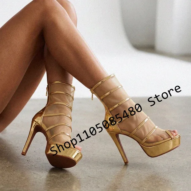 Zapatos de Baile Latino para Mujer, Botas de Tacón Alto y Fino, Punta Abierta, Correa con Malla, Tacones de Aguja Sexys, Talla 44