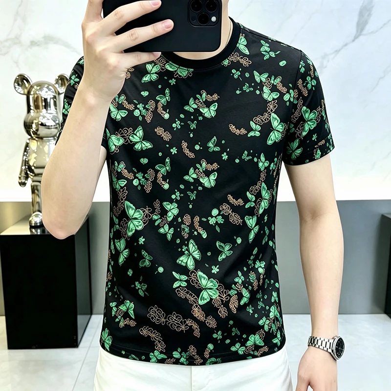 Green Butterfly Print T Shirt For Men Short Sleeve Casual O-Neck Summer Quality Breathable Polyester Premium Camisetas De Hombre