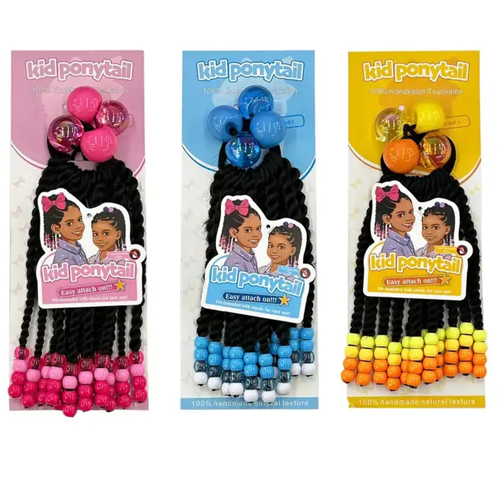 New Arrival Kids Braided Elastic Ponytails with 30mm Bobbles Box Braid Blue Green White Beads with Colorful Bow Tie