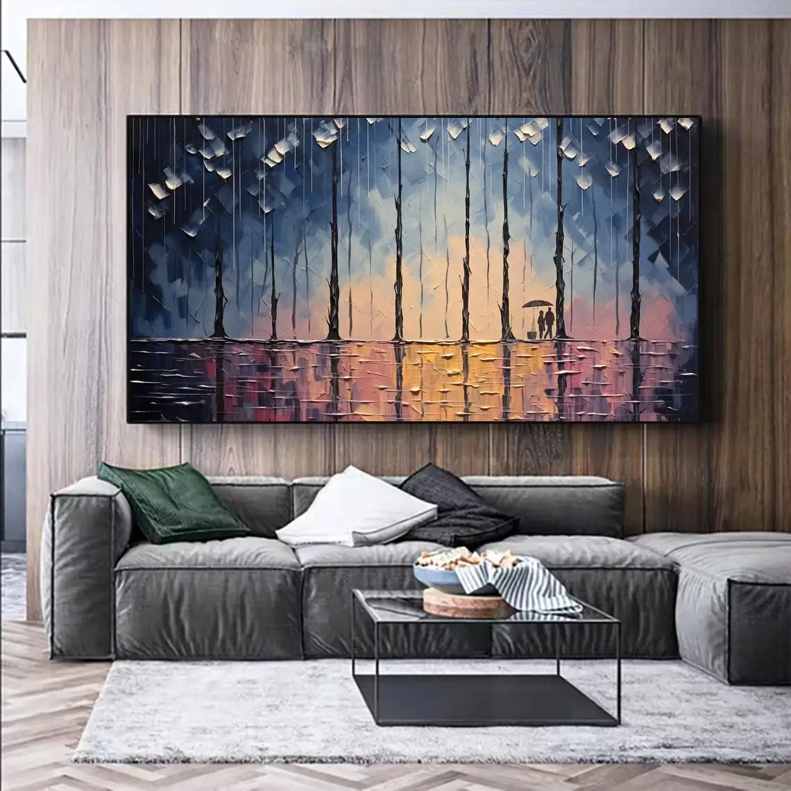 Large Abstract Rain Scenery Oil Painting Hanmade on Canvas Forest Painting Texture Wall Art Living Room Home Decor Wall Decor