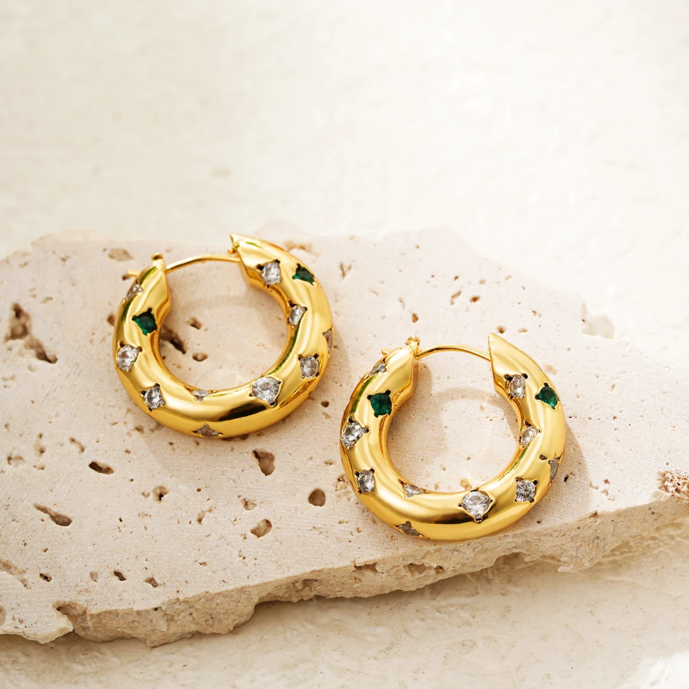 Exquisite Stainless Steel Crystal Zircon Gold Color Ear Buckle Hoop Earrings for Women Thick Round Circle Huggie Earring Jewelry