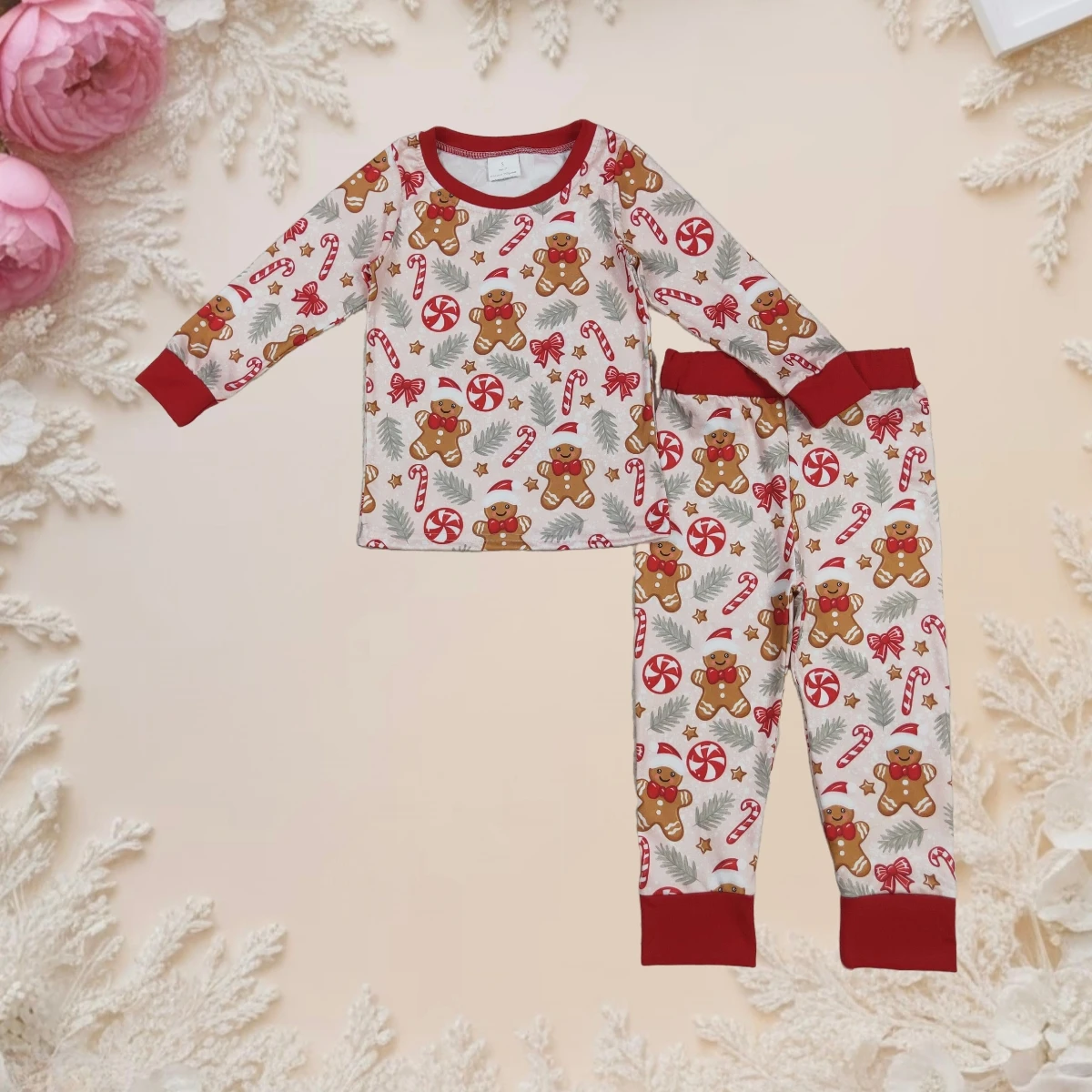 

Baby Boy Christmas Pajamas Set 2Pcs Long Sleeve Toddler Gingerbread Candy Cane Print Red Cute Spring Fall Home Wear Outfit