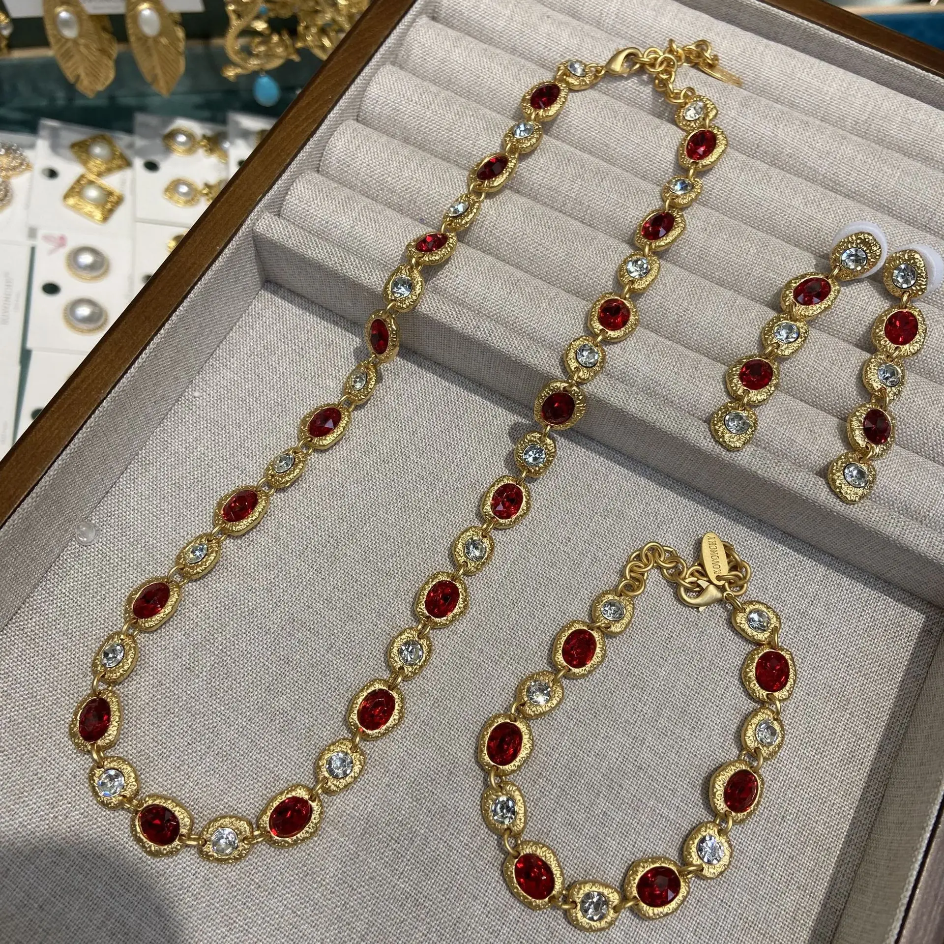 Women Red Zircon Stitched Necklace Female Vintage Earrings 2025