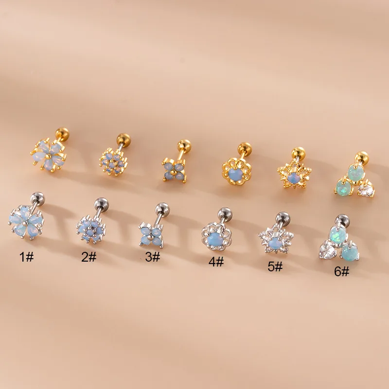 1Piece Blue Opal Stone Cartilage Stud Earring 20G Stainless Steel 0.8mm Ear Conch Helix Snug Screw Back Earring Piercing Jewelry