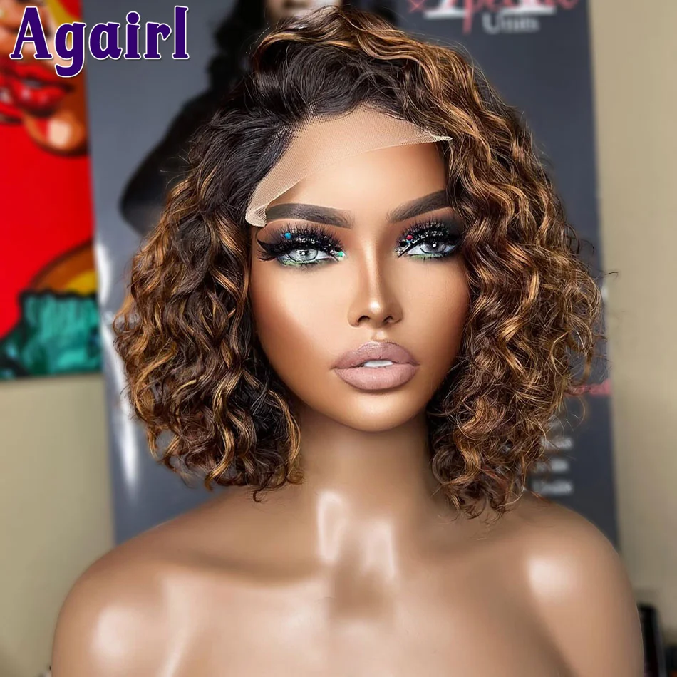 200% Highlight Brown Ready To Go 13x4 Curly Lace Front Bob Human Hair Wigs 13x6 Short Bob Water Wave Lace Frontal Wigs For Women