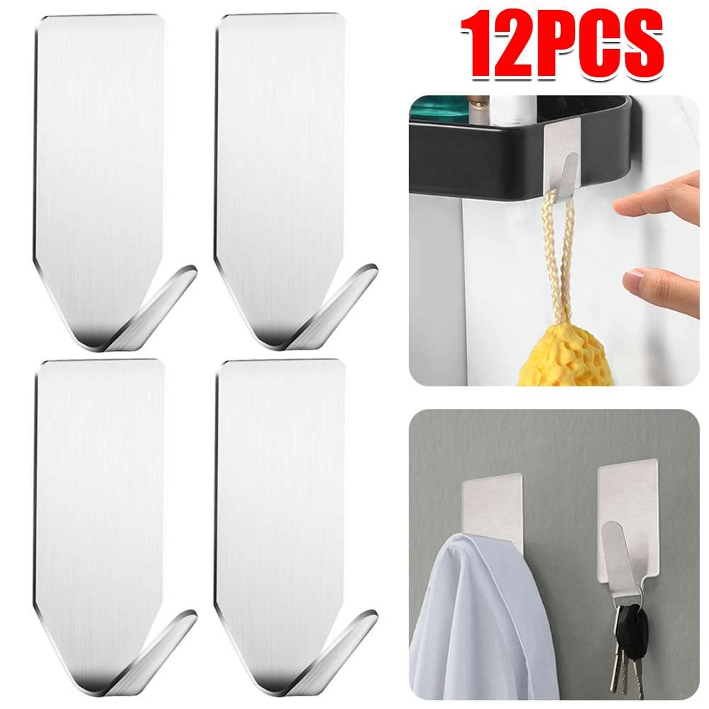 12/1pcs Self Adhesive Mini Hooks Stainless Steel Towel Rack Clothes Hanger Wall Mounted Hook Home Kitchen Bathroom Storage Hook